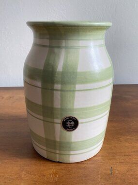 Harris Potteries Chicago Vase 10" Glazed Stoneware Kiwi Green Plaid Home Decor